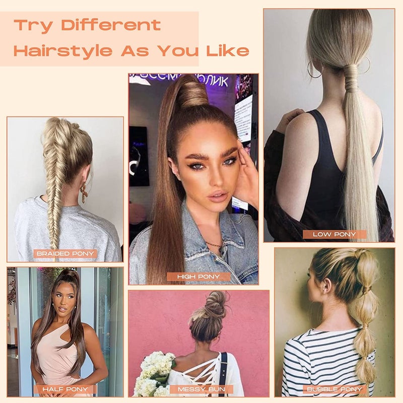 SEIKEA Clip in Ponytail Extension Wrap Around Long Straight Ponytail Natural Soft Synthetic Hairpiece for Women 28 Inch- Brown Ash Blonde Mix - Image 2